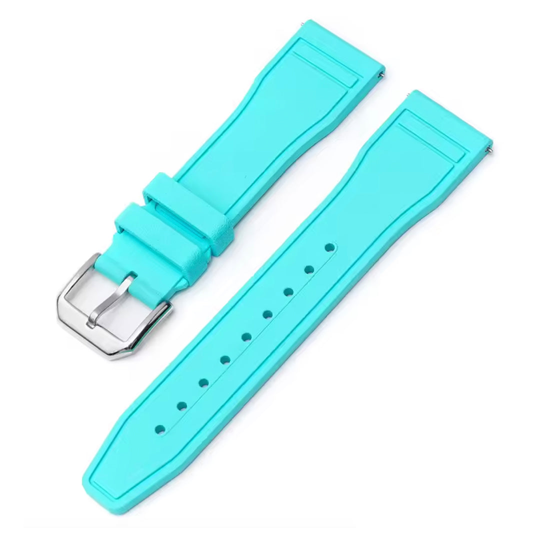 Turquoise watch strap with silver buckle on a white background