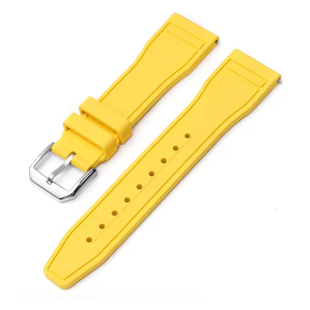 Yellow watch strap with silver buckle on a white background