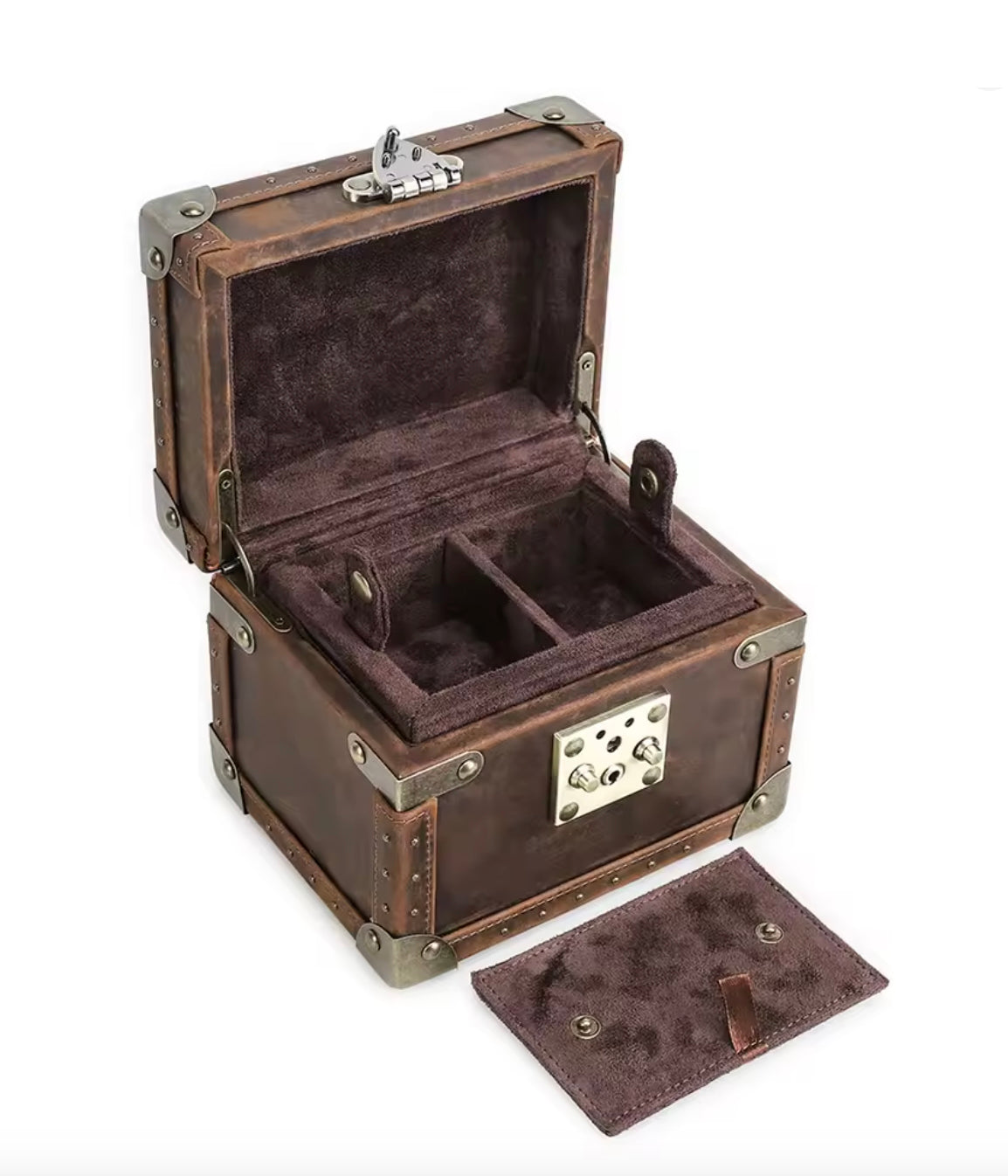 Brown jewelry box with velvet interior on a white background