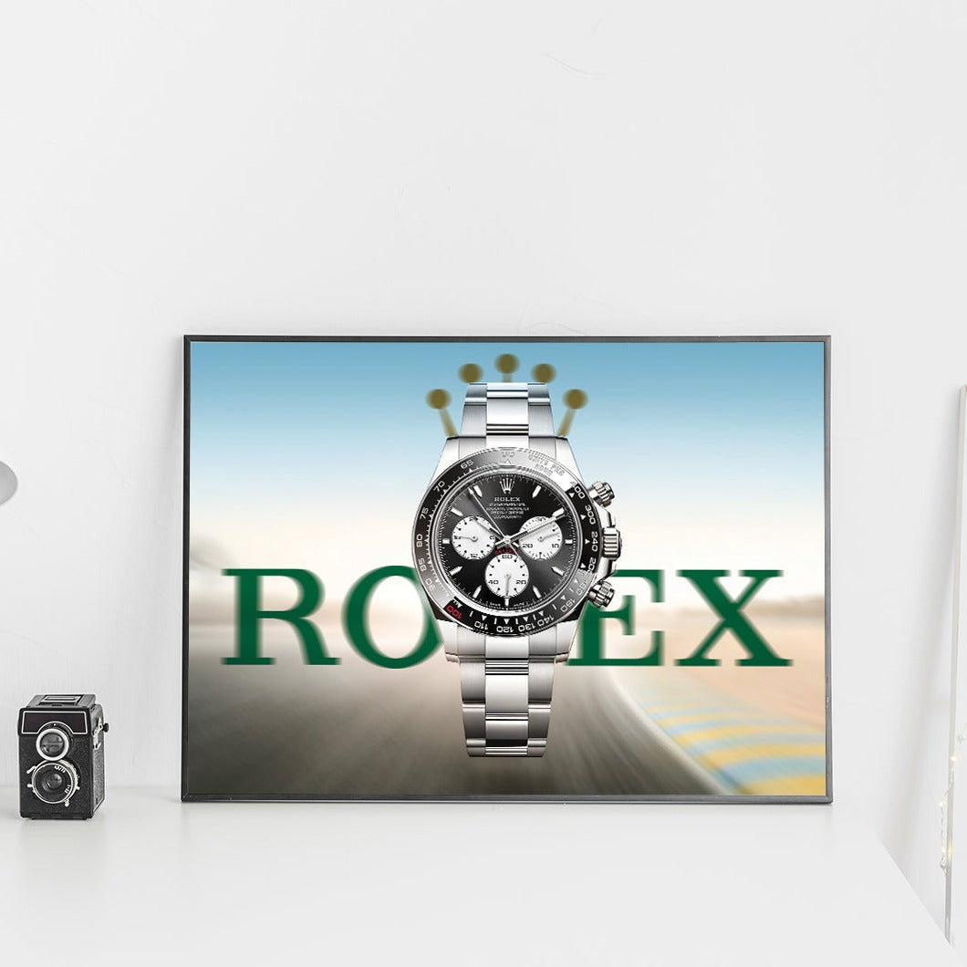 M and son poster, rolex daytona 10th anniversary edition on a blurred race background