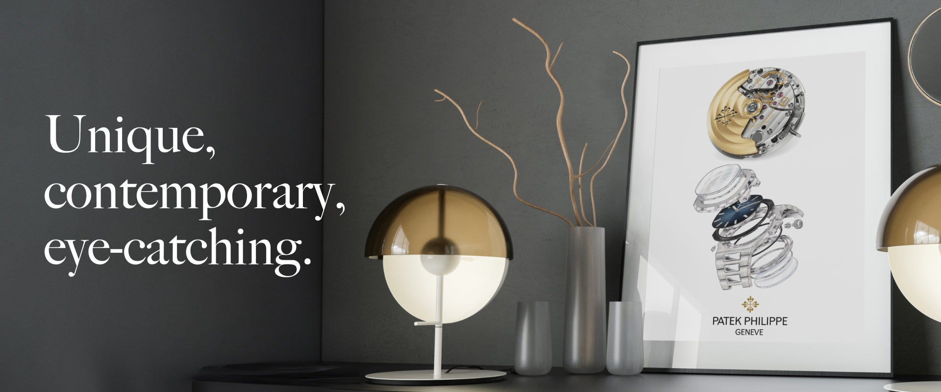 Patek Philippe 5711 poster, framed watch poster in a contemporary dark room with golden style lamps. quote on the side saying unique, contemporary, eye catching.