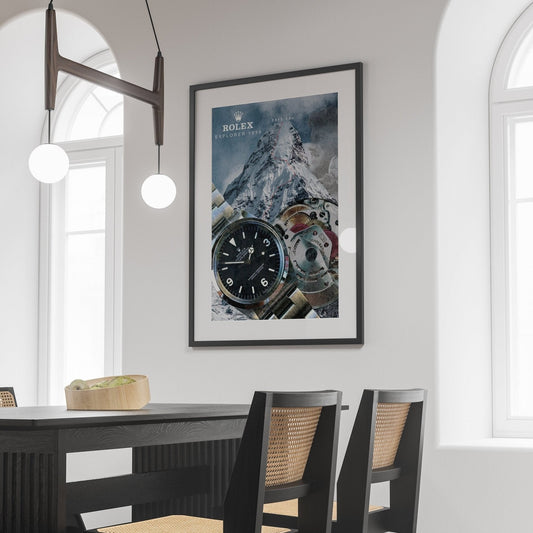 Framed Rolex Explorer 1016 watch poster on a wall