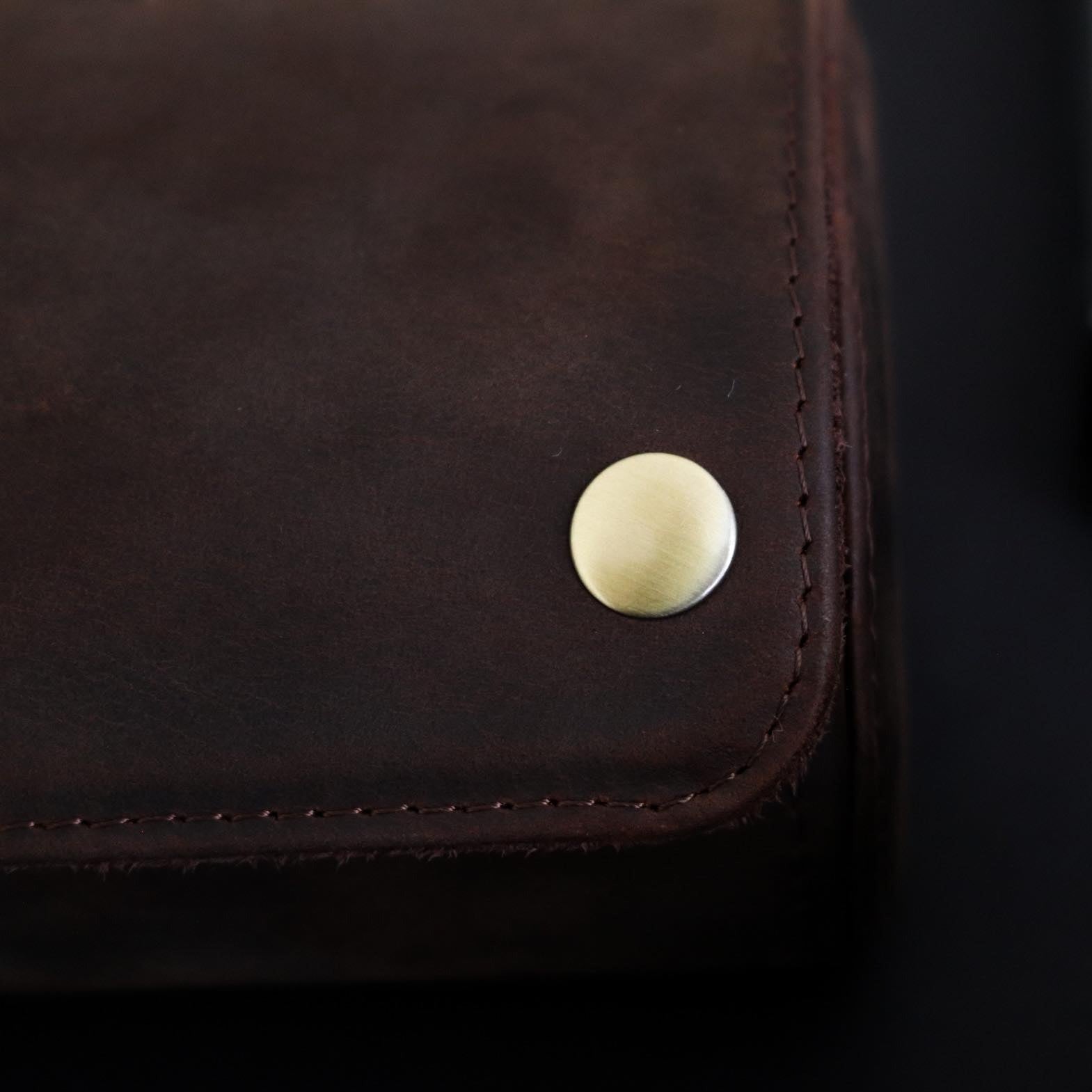 M and Son, leather watch roll, close up of brass button.