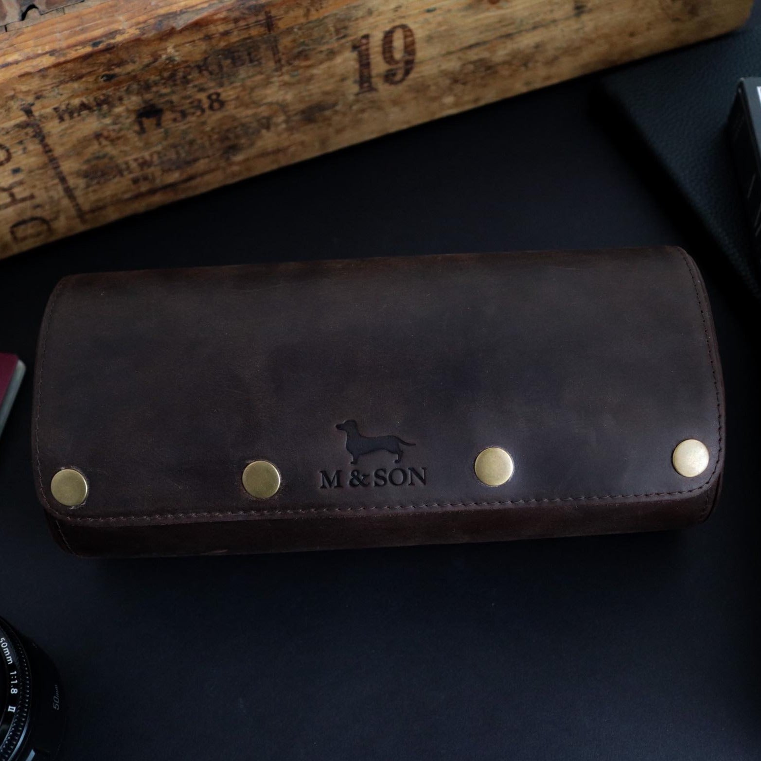 M and Son, triple leather watch roll, handmade watch roll