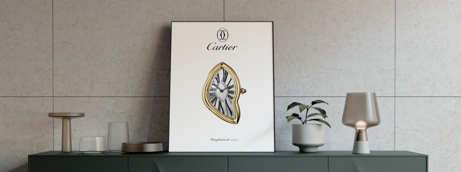 Cartier crash poster on a shelf with decorative items against a tiled wall.