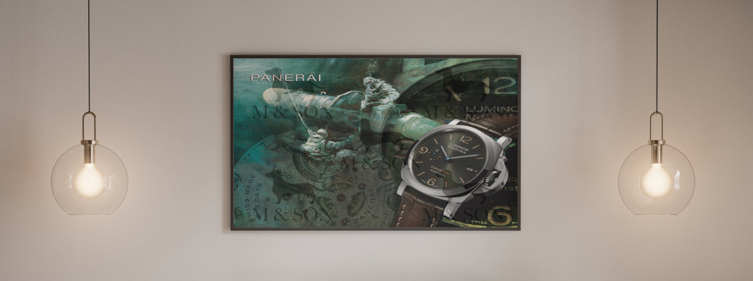 Panerai watch advertisement with a watch and panda bear on a decorative panel, framed by two hanging light bulbs.