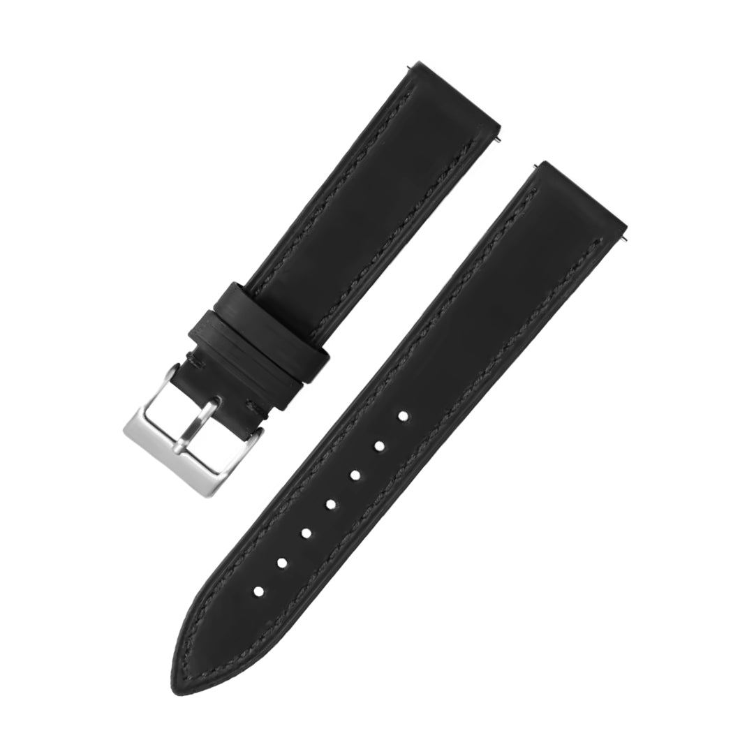 Black leather watch strap with silver buckle on a white background