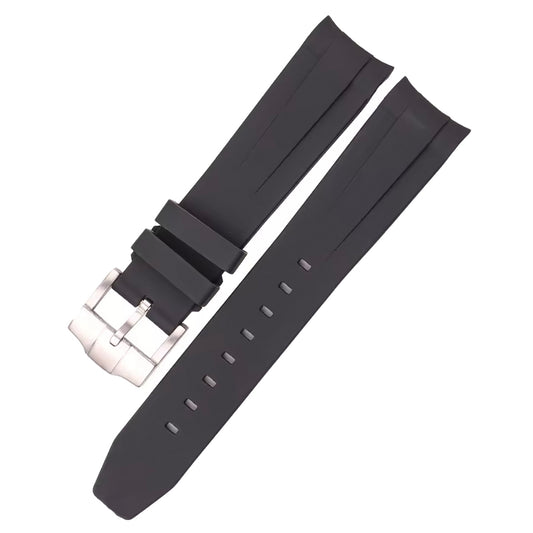 Black watch strap with silver buckle on a white background