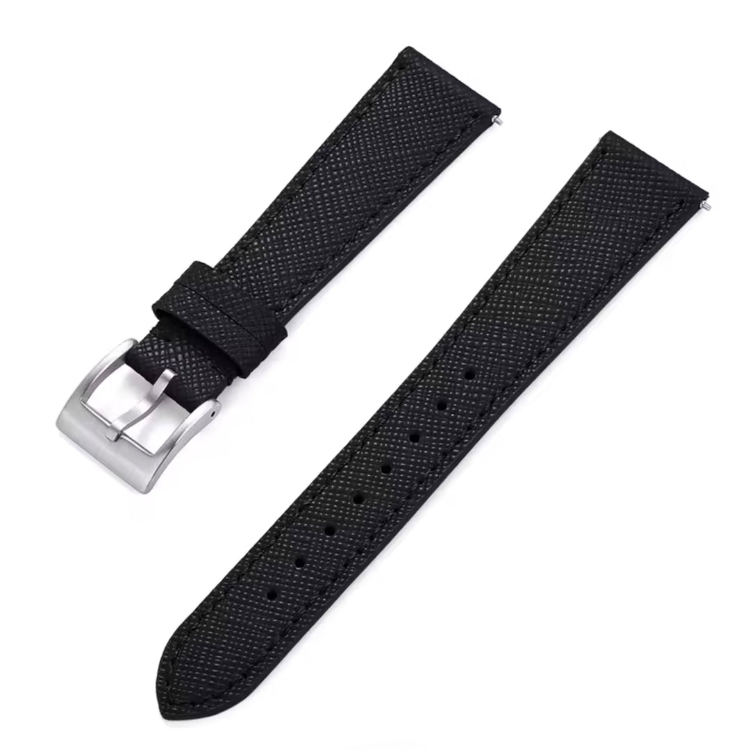 Black watch strap with silver buckle on a white background