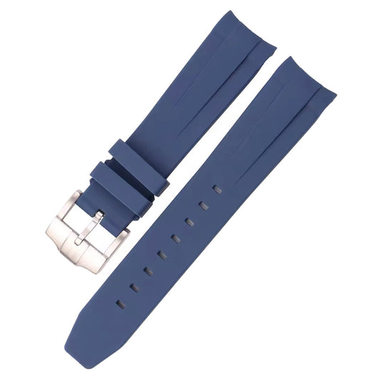 Blue watch strap with silver buckle on a white background