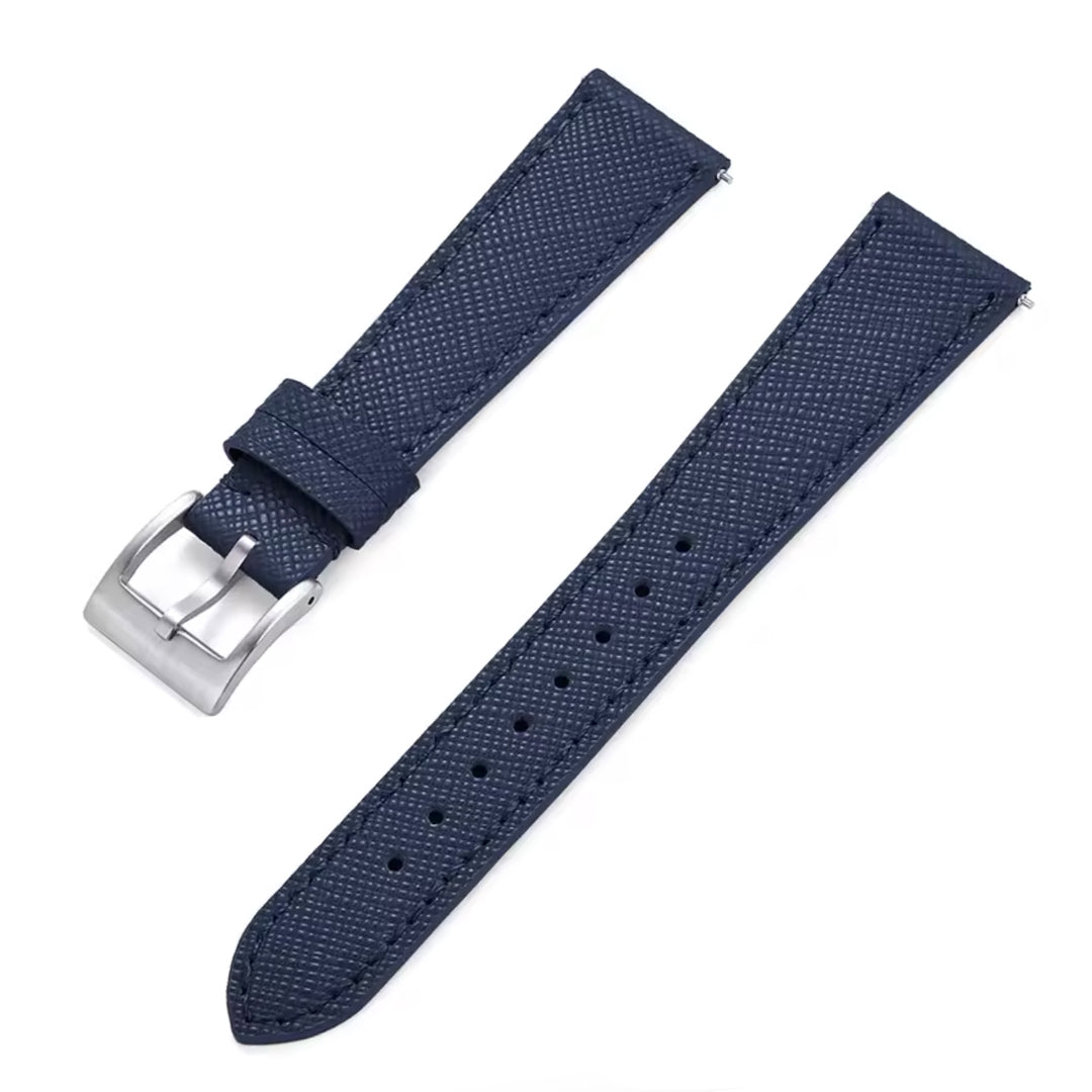 Navy blue watch strap with silver buckle on a white background