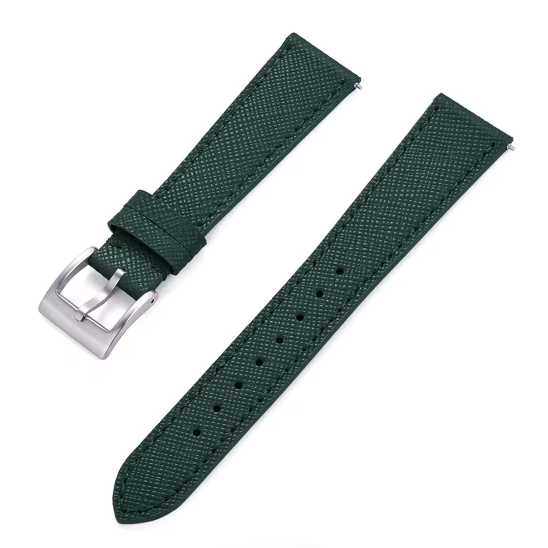 Green watch strap with silver buckle on a white background