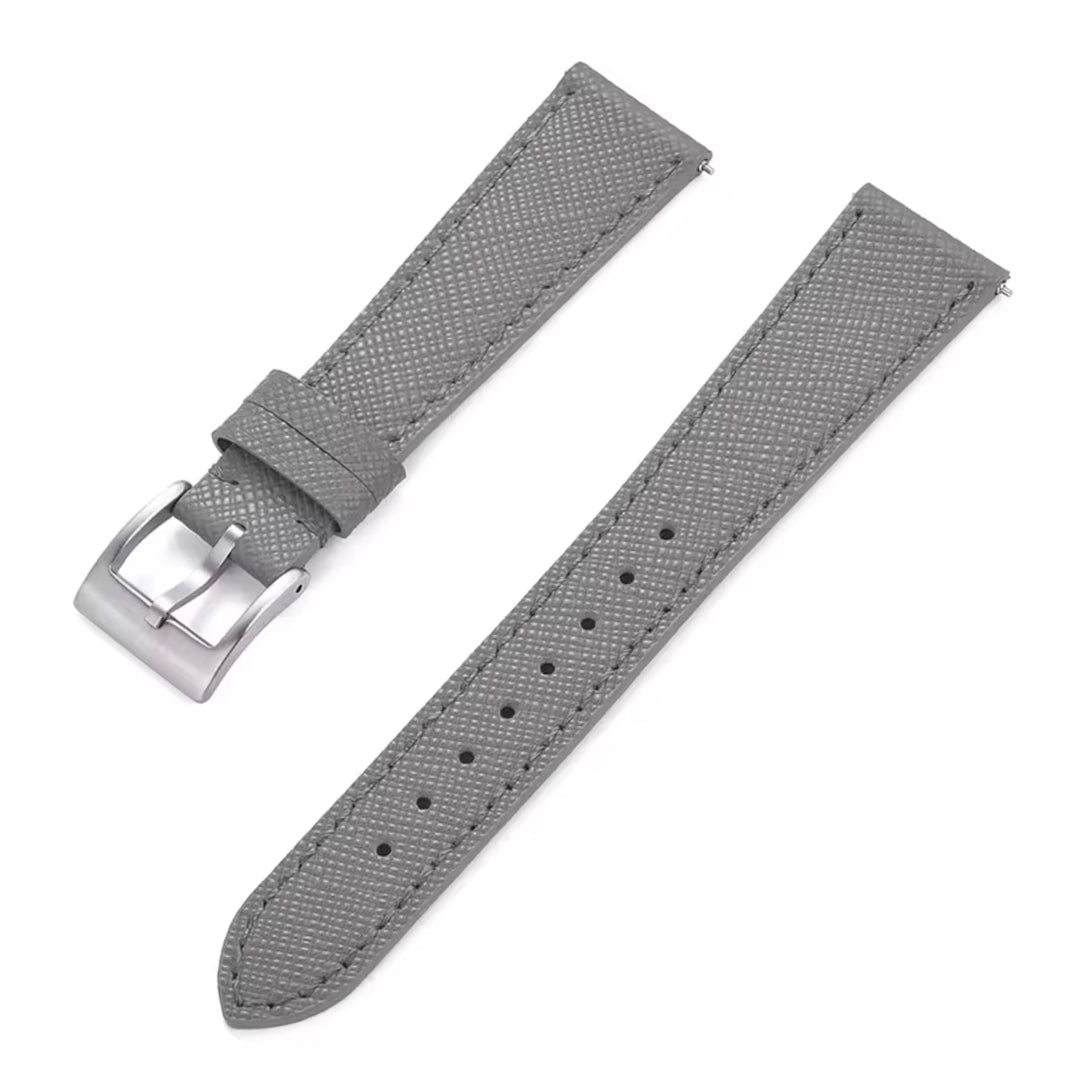 Gray watch strap with silver buckle on a white background