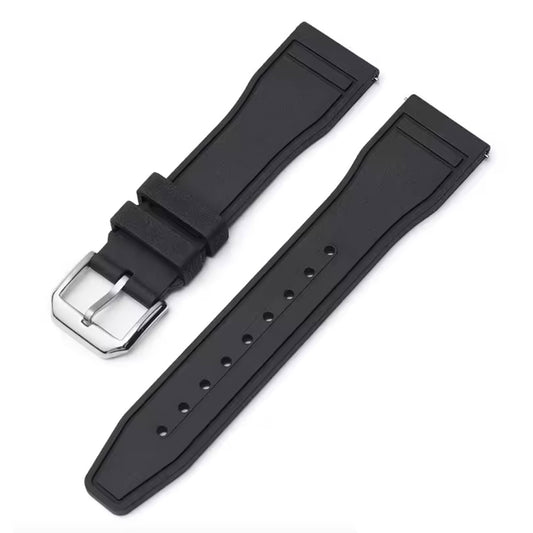 Black watch strap with silver buckle on a white background