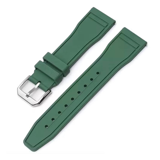 Green watch strap with silver buckle on a white background