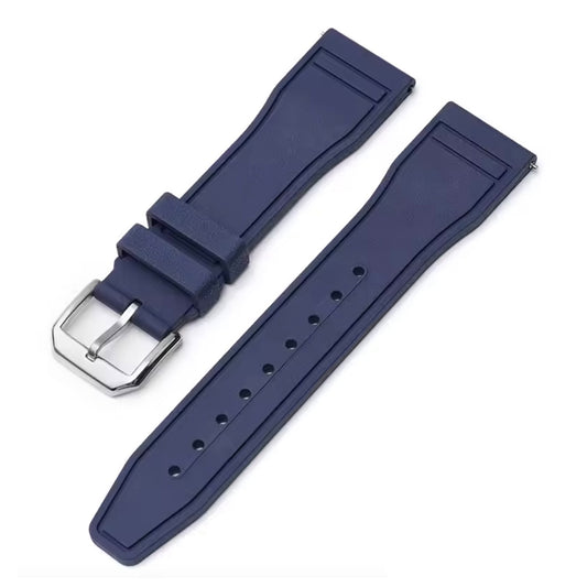 Navy blue watch strap with silver buckle on a white background