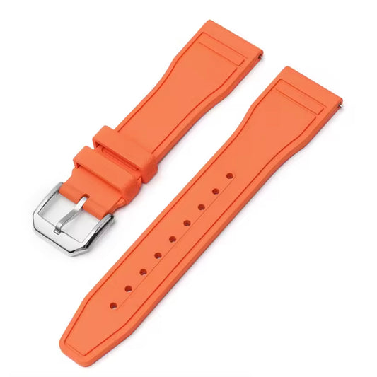 Orange watch strap with silver buckle on a white background