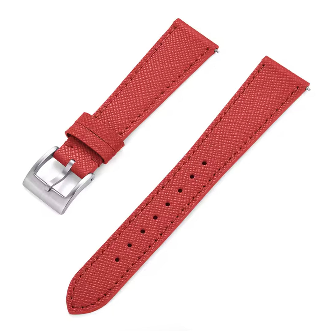 Red watch strap with silver buckle on a white background