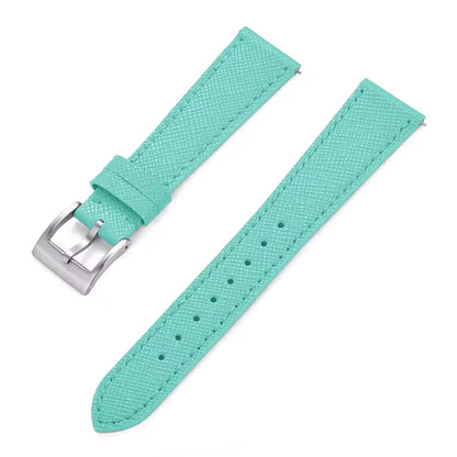 Turquoise watch strap with silver buckle on a white background