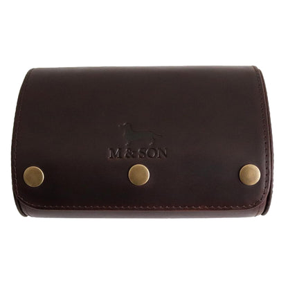 M and Son, double leather watch roll with an embossed logo on a white background.