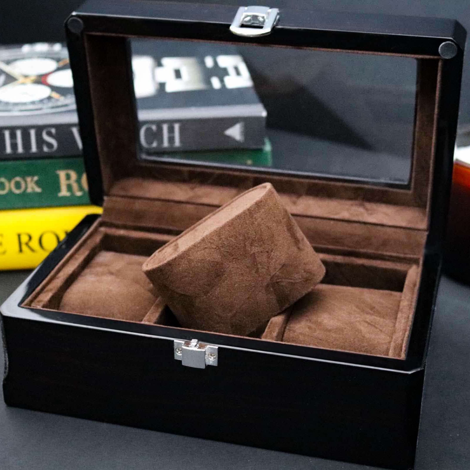 Ebony piano wood watch box - 3 slot - M & SON
