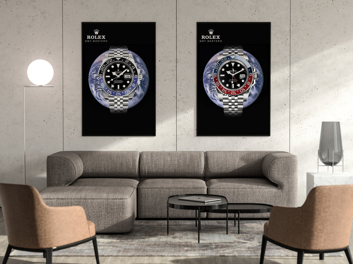 Two Rolex posters on a wall above a gray sofa in a living room.