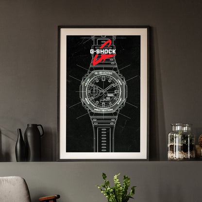 Framed G-Shock watch poster on a wall with decorative items below.