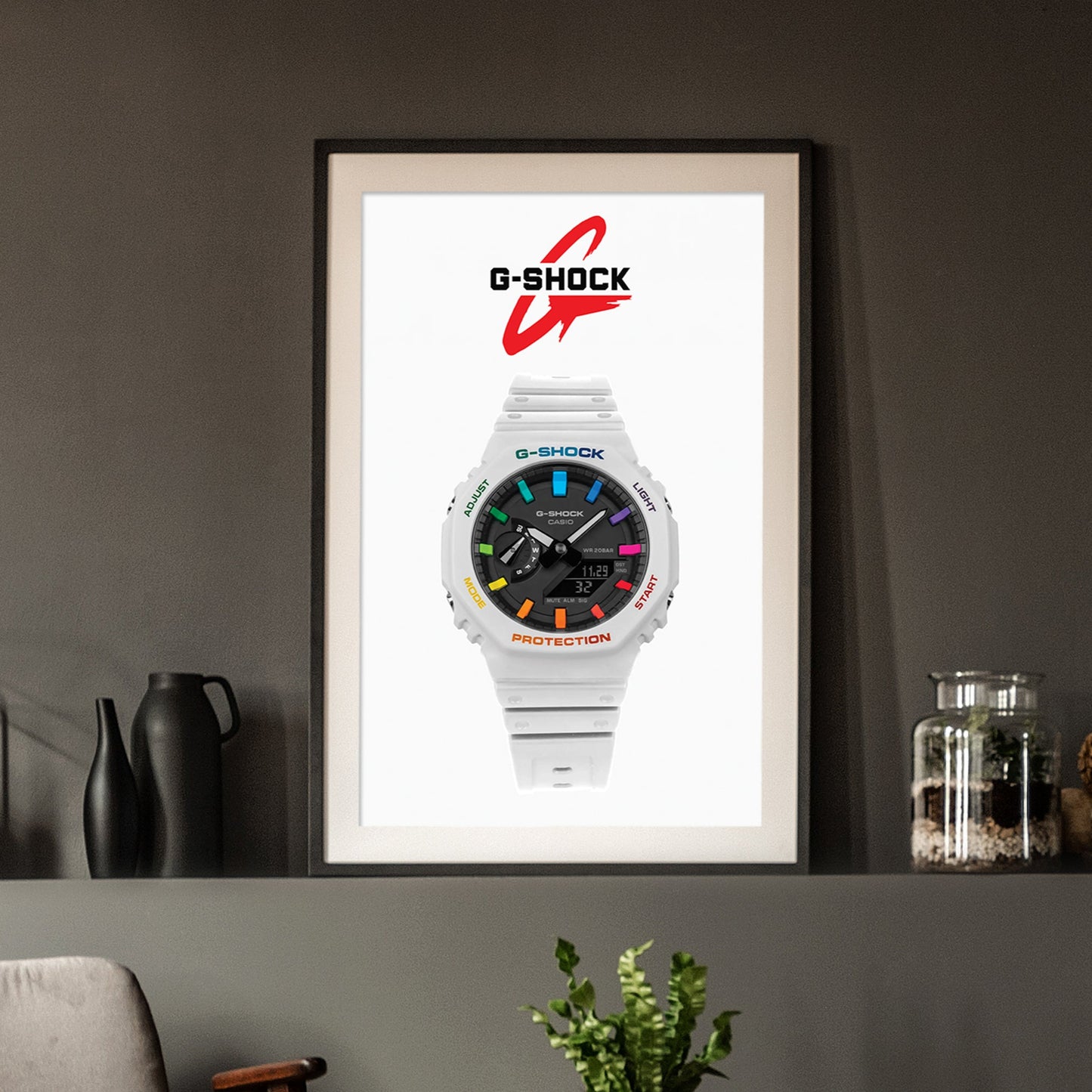 g shock watch poster on a dark background 
