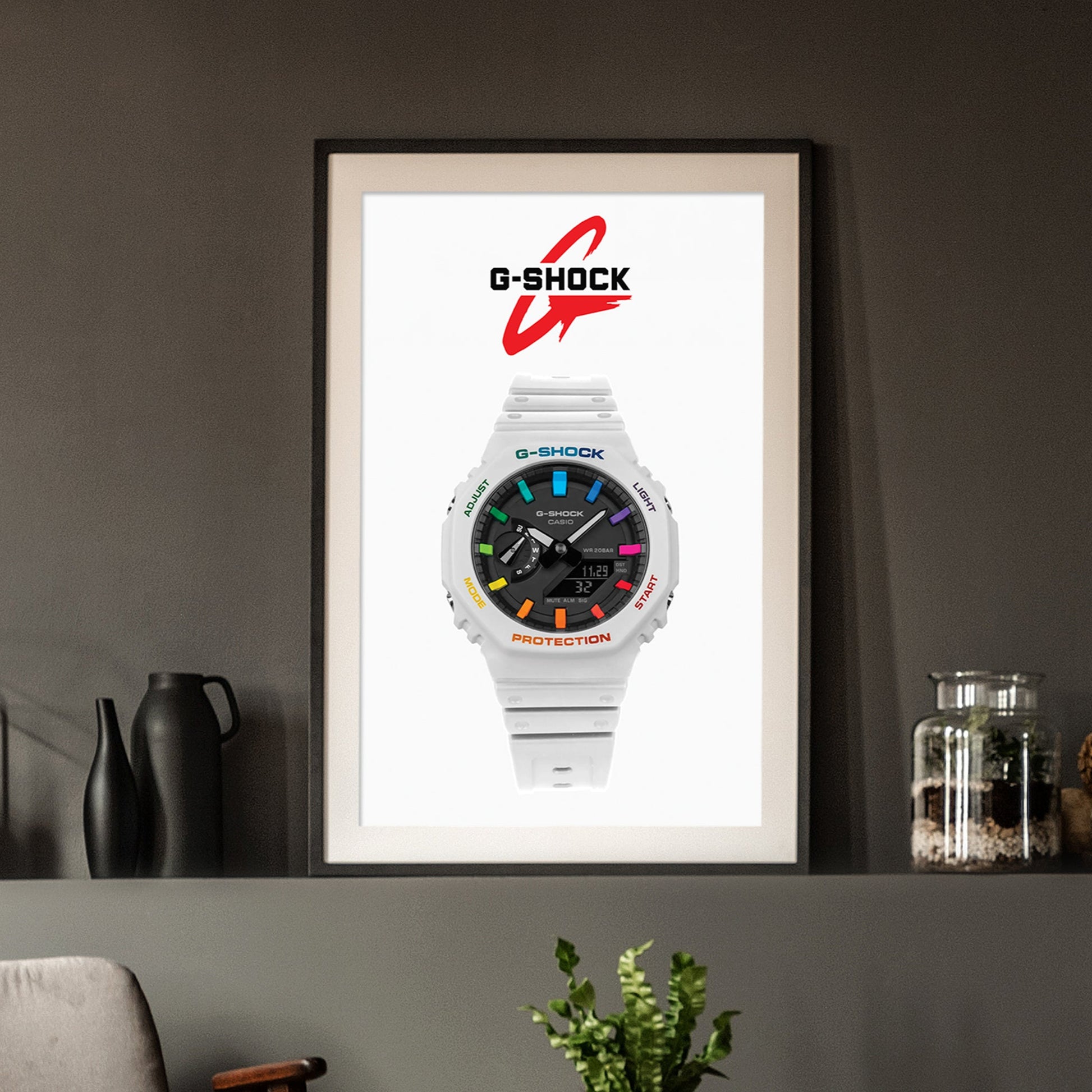 g shock watch poster on a dark background 