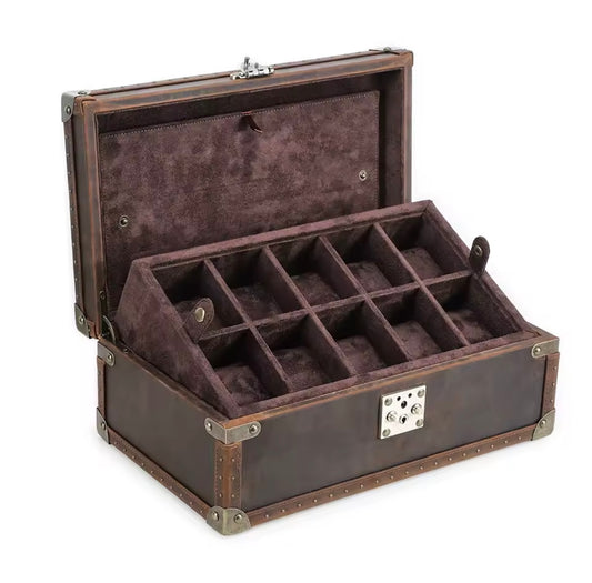 Brown leather watch box with  10 compartments on a white background