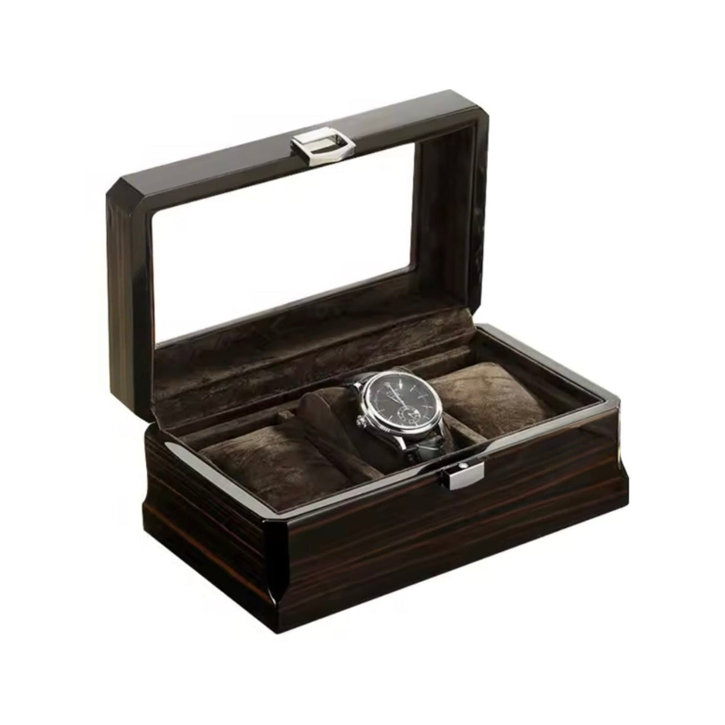 Wooden watch box with a watch inside on a white background