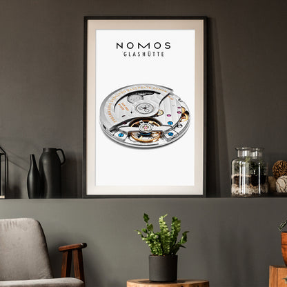 Nomos movement watch poster on a dark background in a frame 