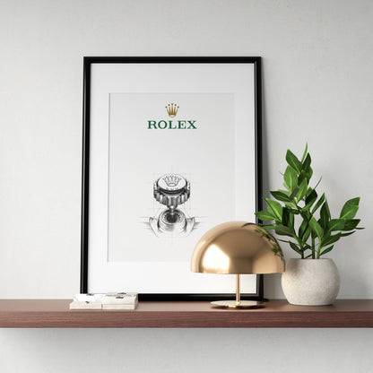 Rolex crown sketch style poster in a frame on a shelf 