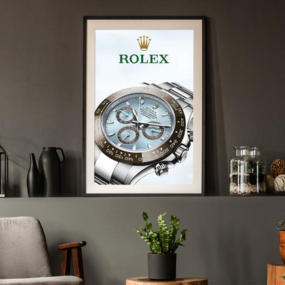 Rolex Daytona platinum poster with a dark room background