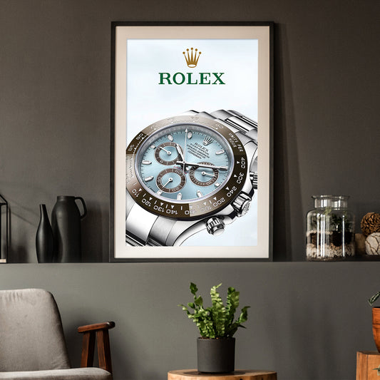 Rolex Daytona platinum poster with a dark room background