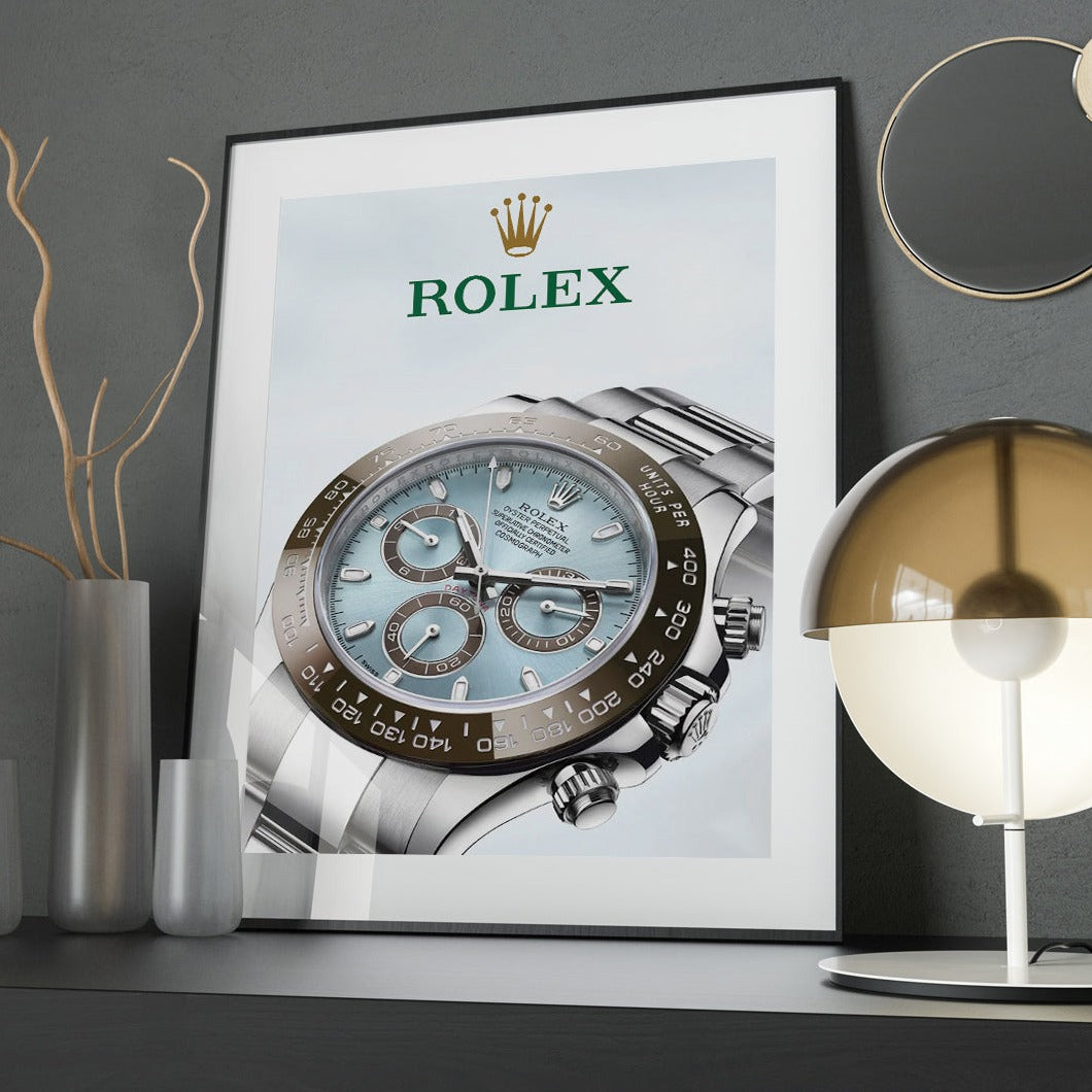 Rolex Daytona platinum poster with a dark room background