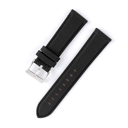 Black watch strap with silver buckle on a white background