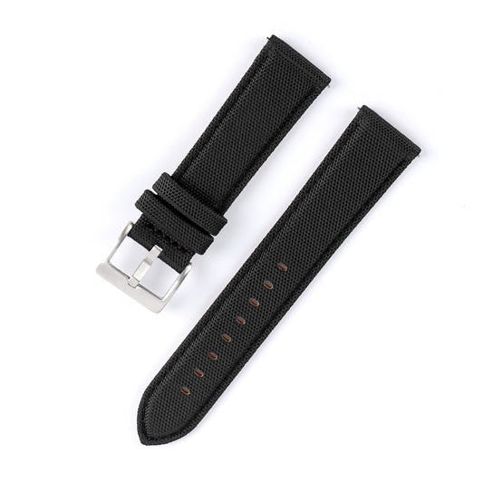 Black watch strap with silver buckle on a white background