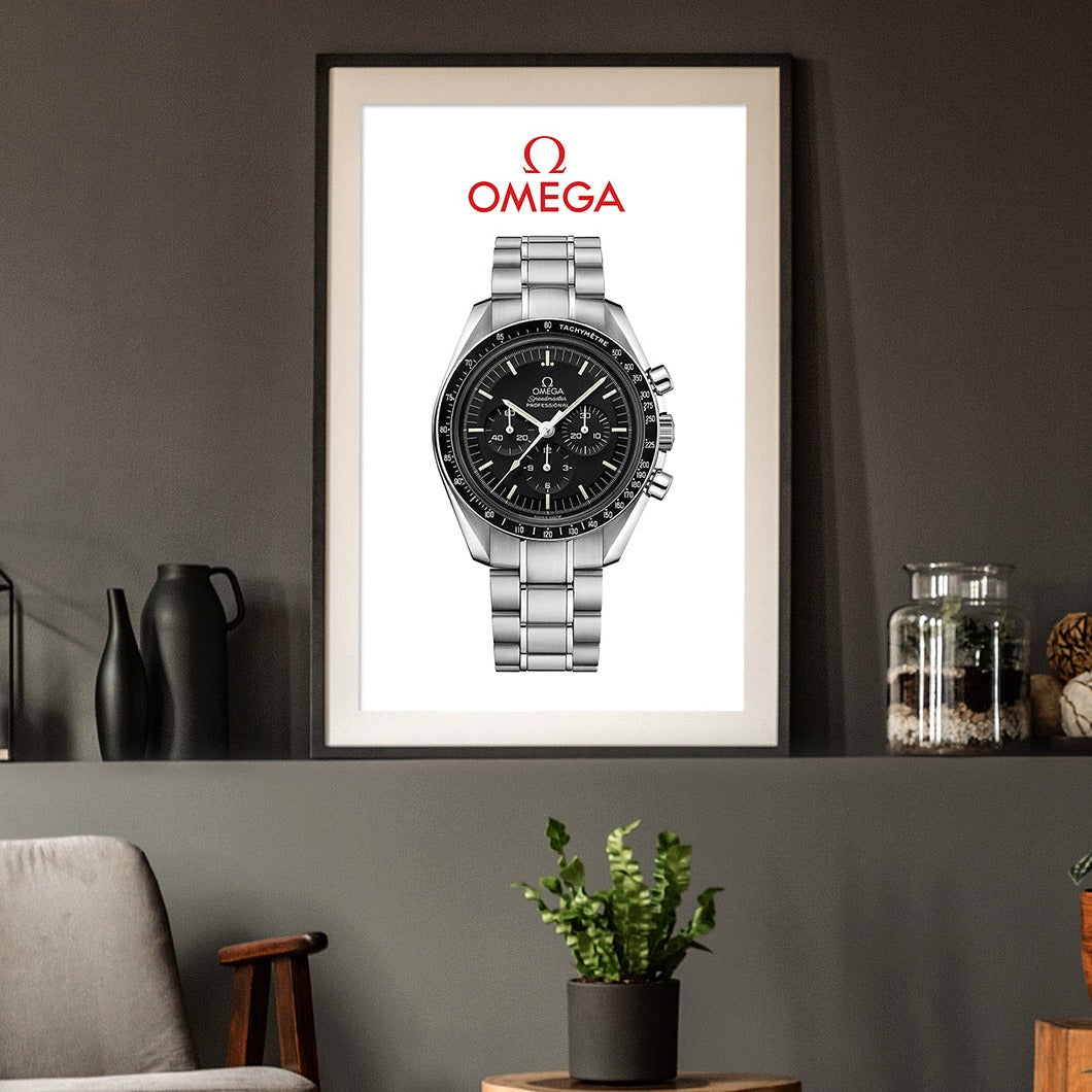 m and son watch poster of the omega speedmaster with a dark room as the background