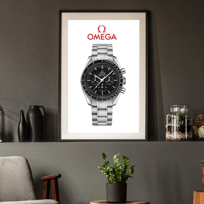 m and son watch poster of the omega speedmaster with a dark room as the background
