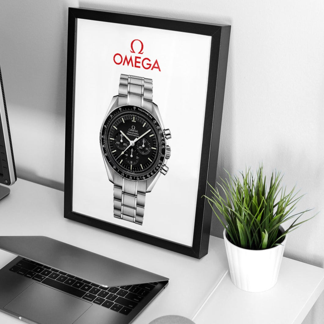 m and son watch poster of the omega speedmaster with a light room as the background