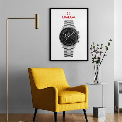 m and son watch poster of the omega speedmaster with a light room as the background