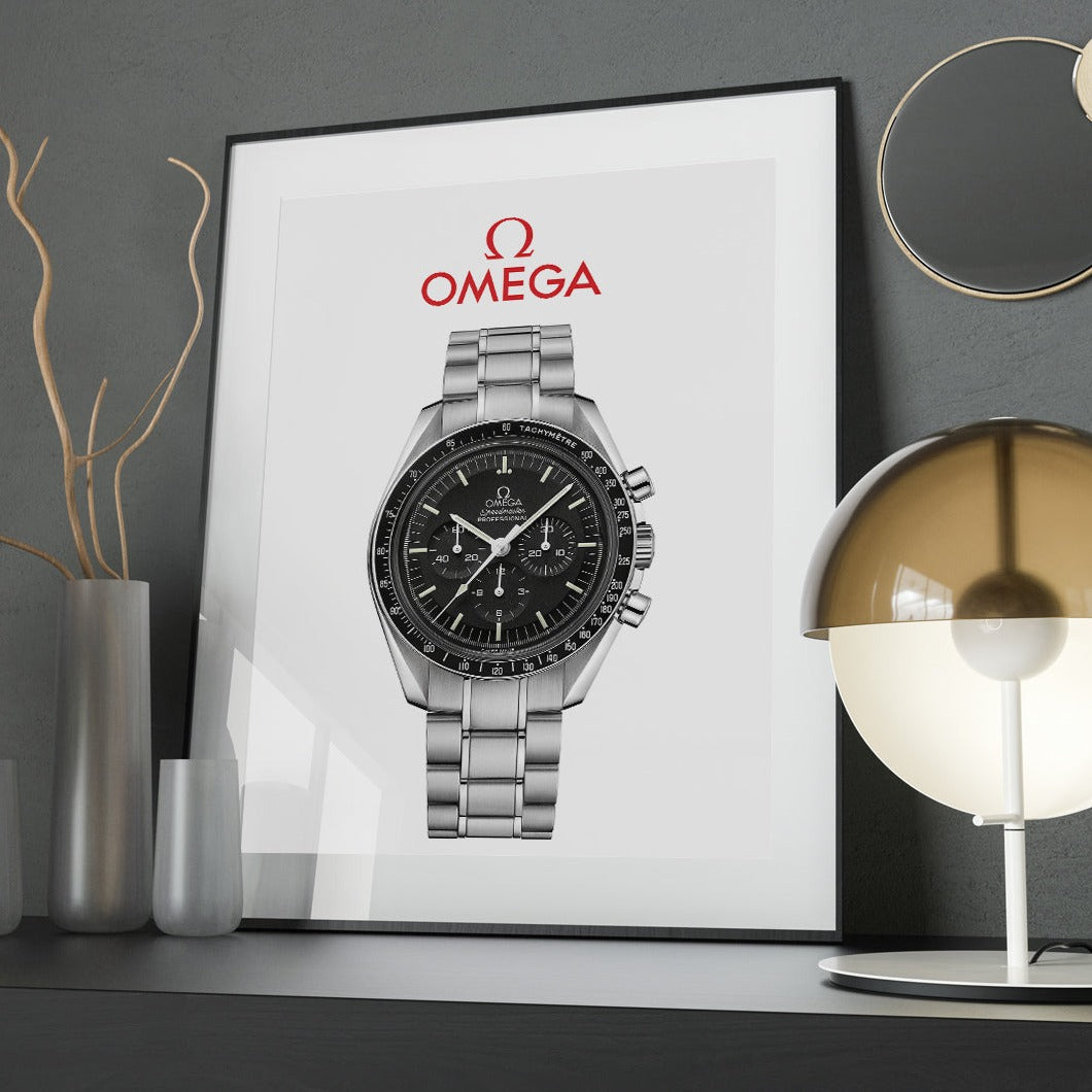 m and son watch poster of the omega speedmaster with a dark room as the background