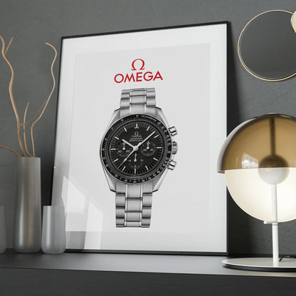 m and son watch poster of the omega speedmaster with a dark room as the background